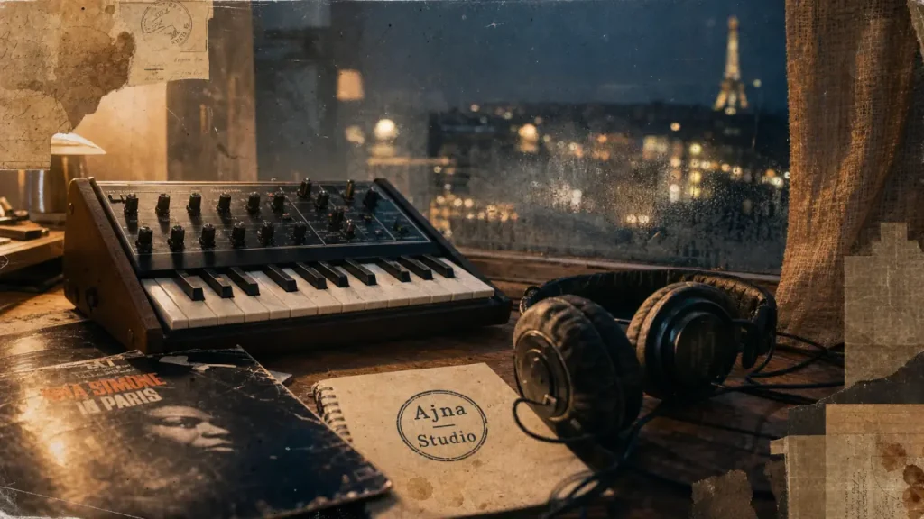 Ajna rappeur au studio : synthé analogique et casque usé