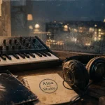 Ajna rappeur au studio : synthé analogique et casque usé