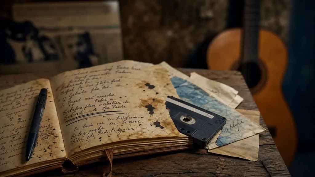 Chanson autobiographique : carnet taché, paroles manuscrites et cassette audio