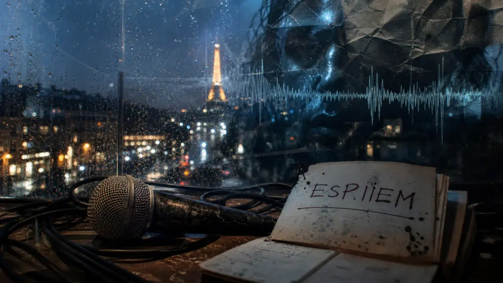 espiiem : micro de scène et carnet, nuit parisienne floue