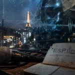 espiiem : micro de scène et carnet, nuit parisienne floue