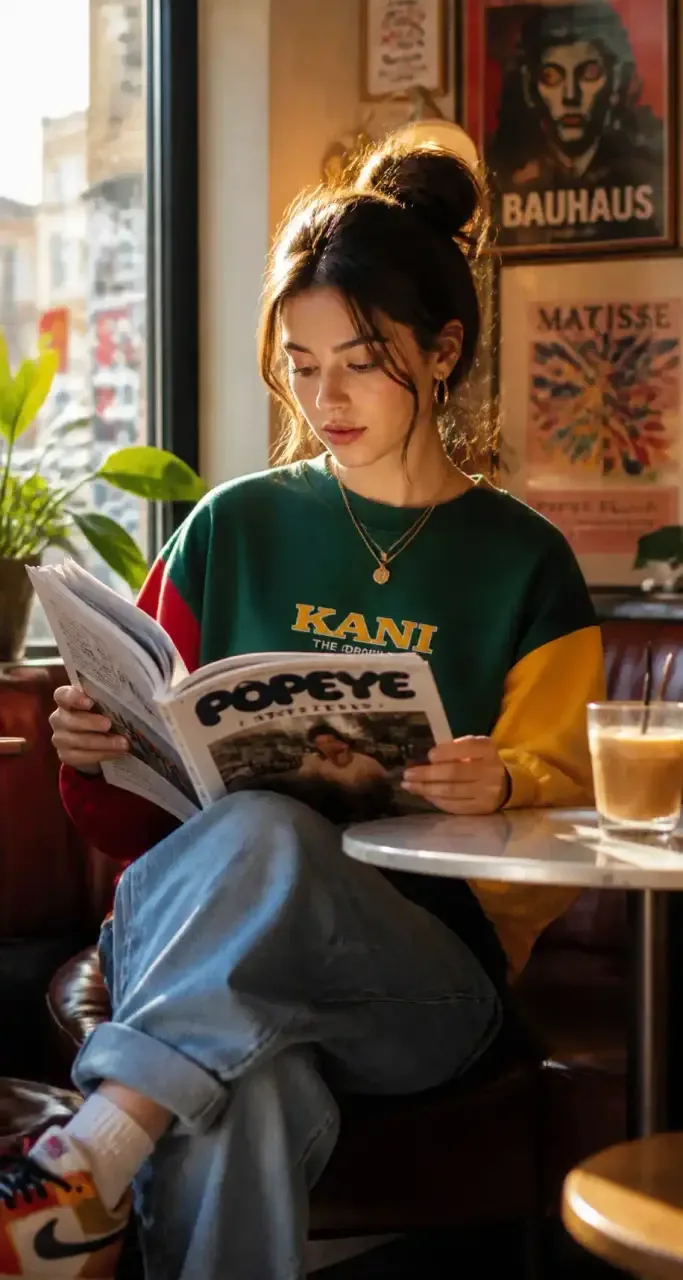 Lectrice d'un magazine culture pop dans un café urbain
