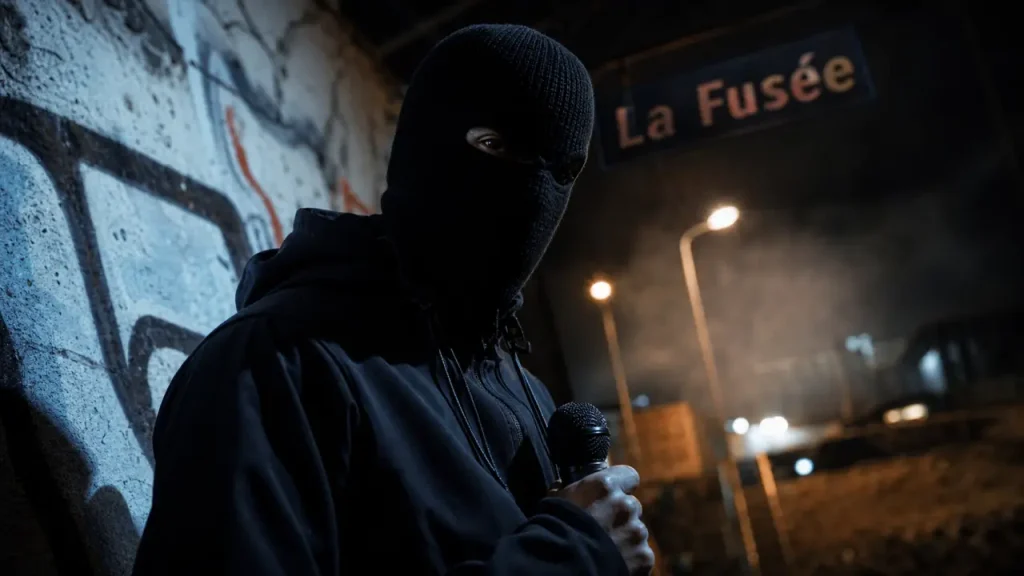 Gambino rappeur cagoulé « La Fusée » à Marseille la nuit