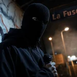 Gambino rappeur cagoulé « La Fusée » à Marseille la nuit