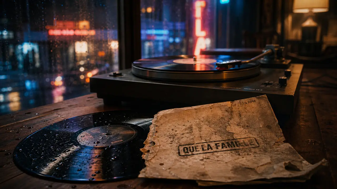 PNL Que la famille : vinyle sur table, pochette floue nocturne