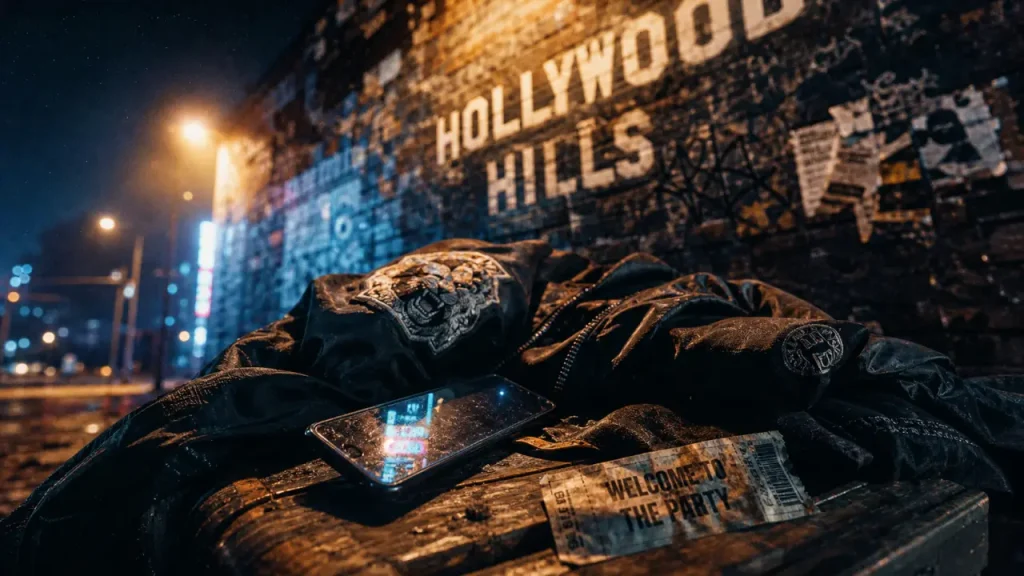 Pop smoke : blouson streetwear noir, néons et ticket en gros plan