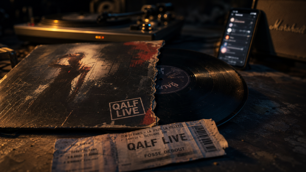 Vinyle QALF Damso Live, pochette et ticket de concert