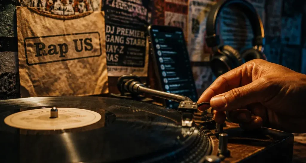 Rap us : platine vinyle et playlist sur table