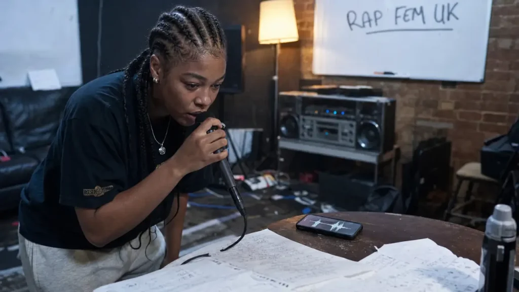 Rappeuse anglaise UK en studio à Londres, micro à la main