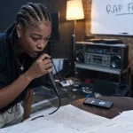 Rappeuse anglaise UK en studio à Londres, micro à la main