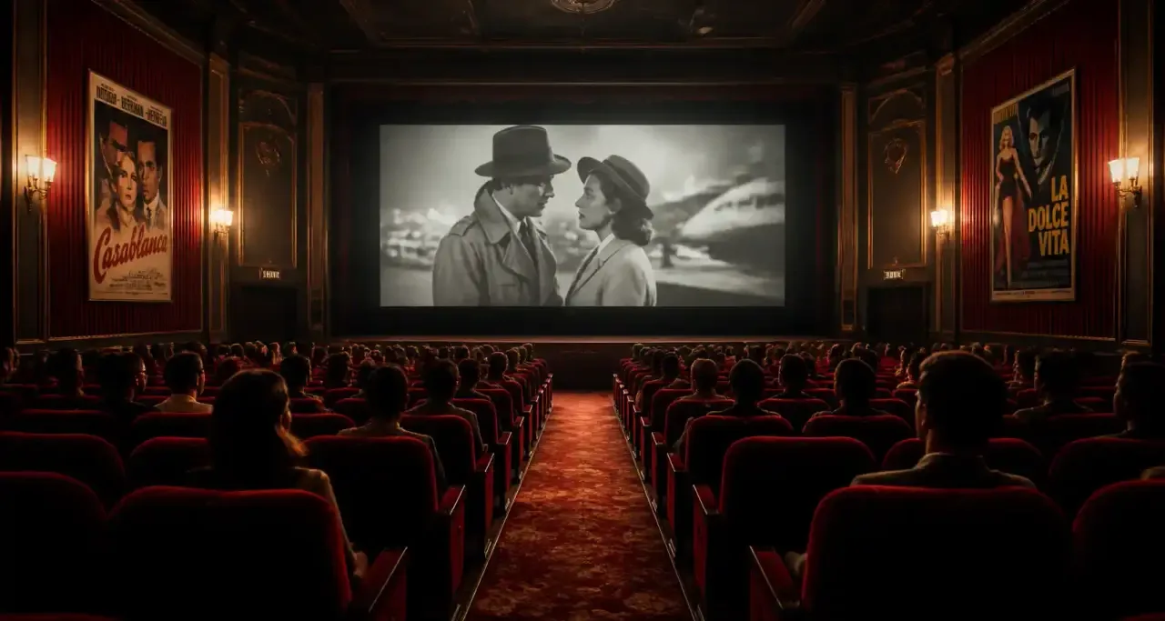 Salle de cinéma vintage éclairée par l'écran