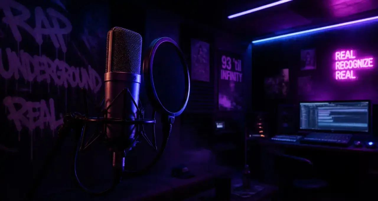 Studio d'enregistrement rap baigné de néons