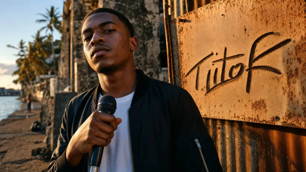 Tiitof rap francophone sur quai Fort-de-France, micro à la main