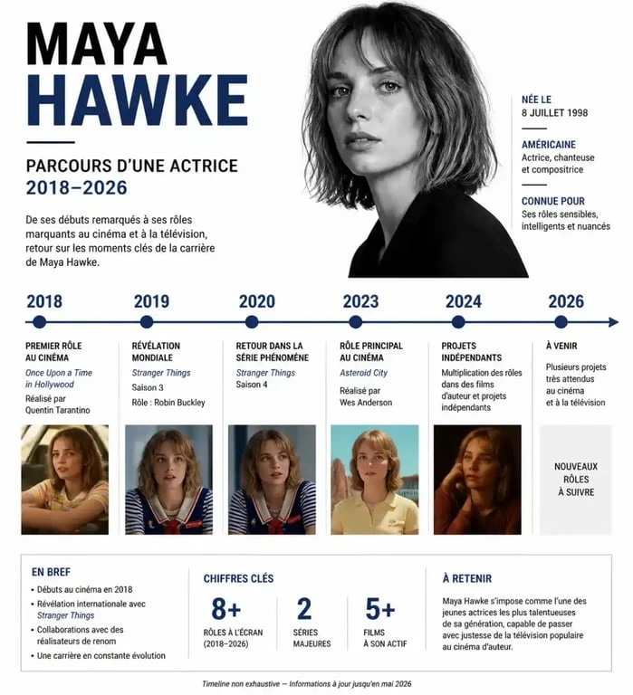 Frise chronologique de la carrière d'actrice de Maya Hawke, films et séries tv avec Maya Hawke