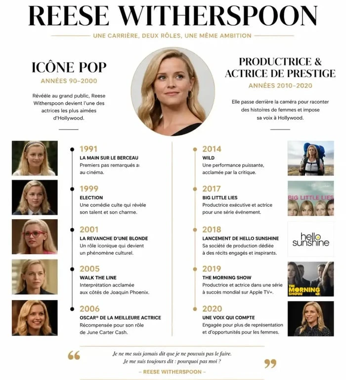 Évolution de la carrière de Reese Witherspoon, de ses débuts dans les films et séries TV à son rôle de productrice.