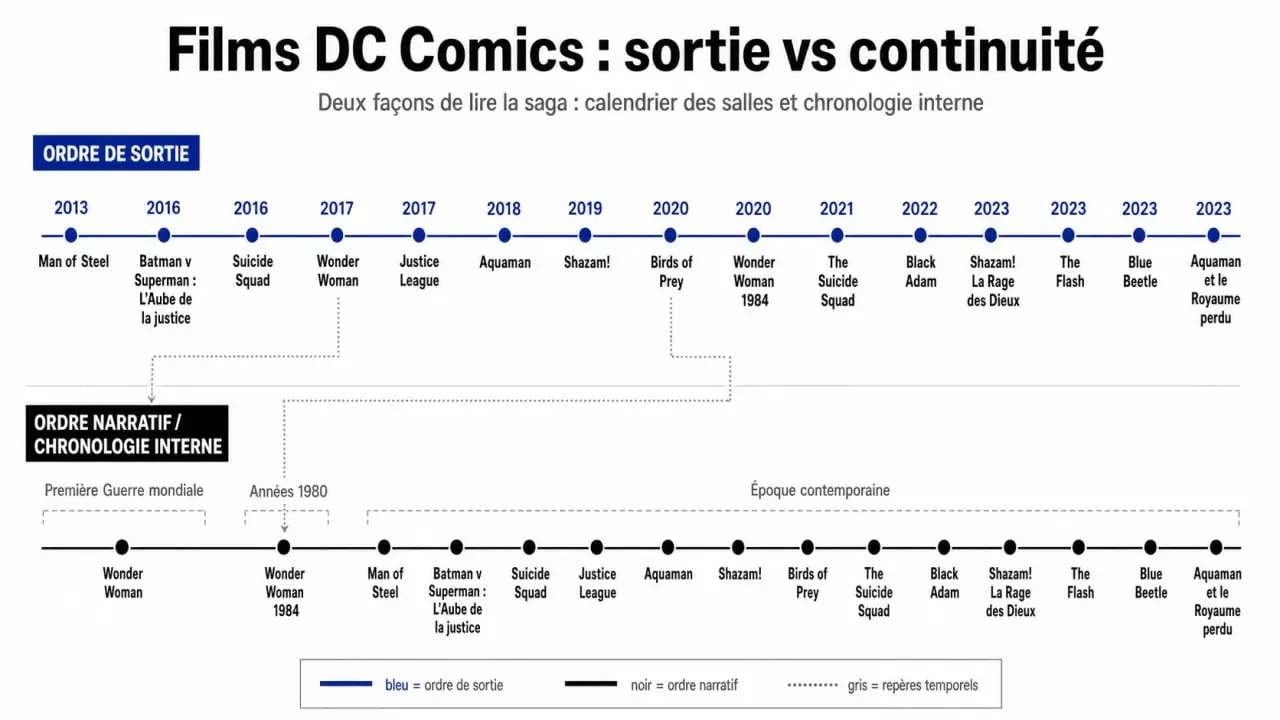 DC Comics film ordre : frise chronologique comparant l’ordre de sortie et l’ordre narratif des films DC