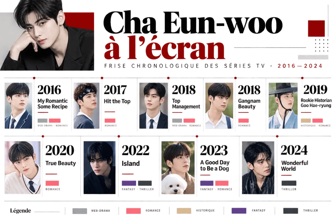 Séries tv avec cha eun-woo : frise chronologique des dramas coréens de 2016 à 2024