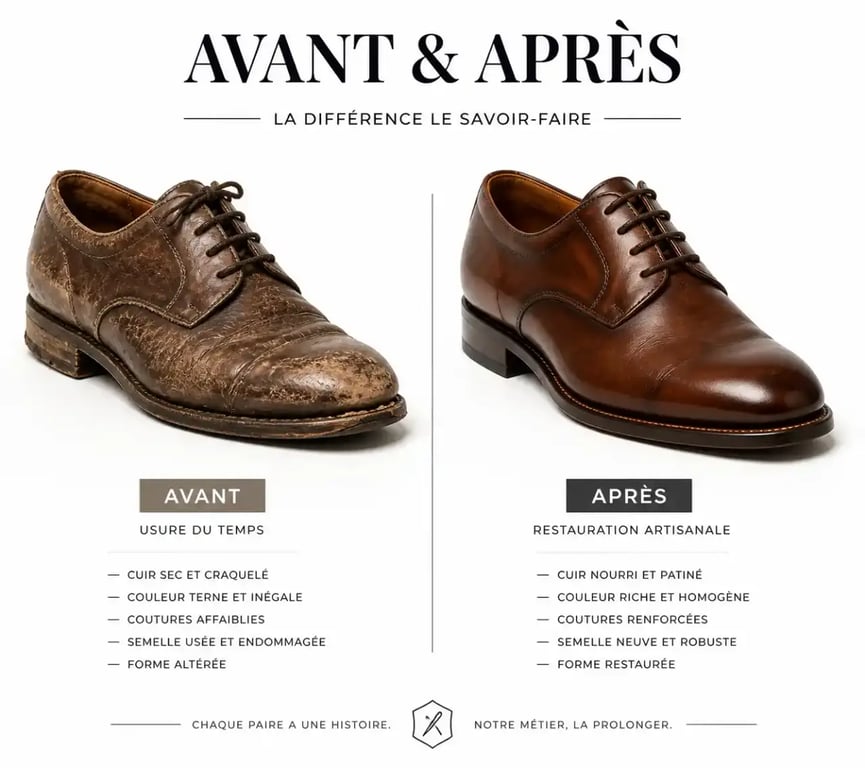 Avant après de la restauration artisanale des souliers anciens en cuir