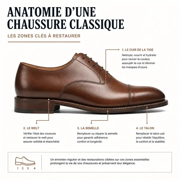 Schéma des étapes de la restauration artisanale des souliers anciens