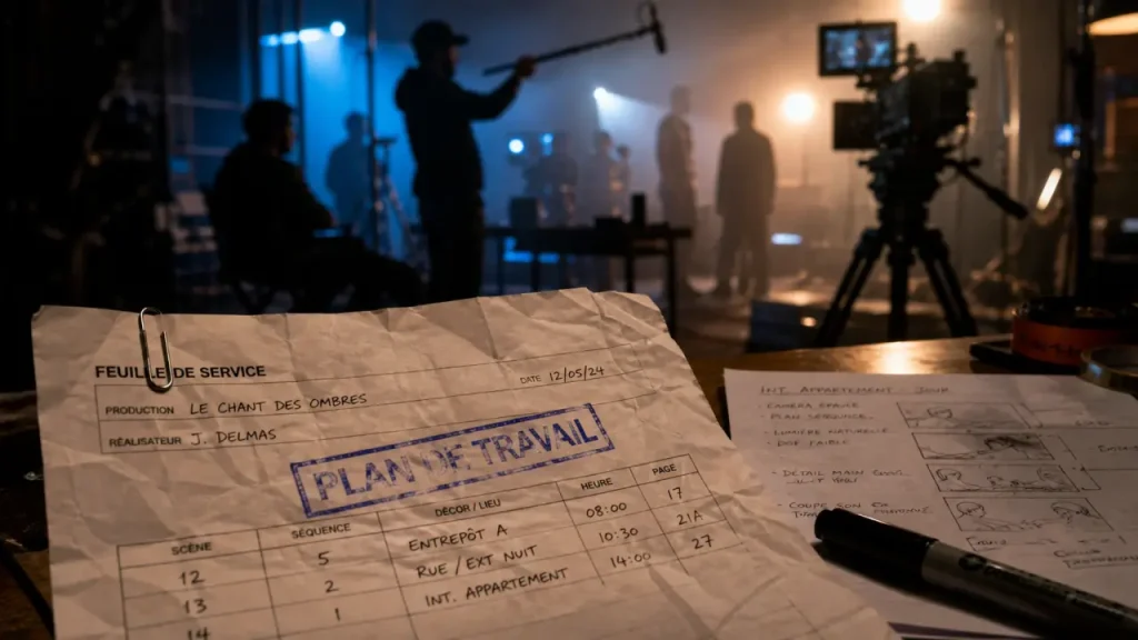 Feuille de service sur plateau de tournage film, plan de travail annoté