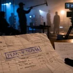 Feuille de service sur plateau de tournage film, plan de travail annoté