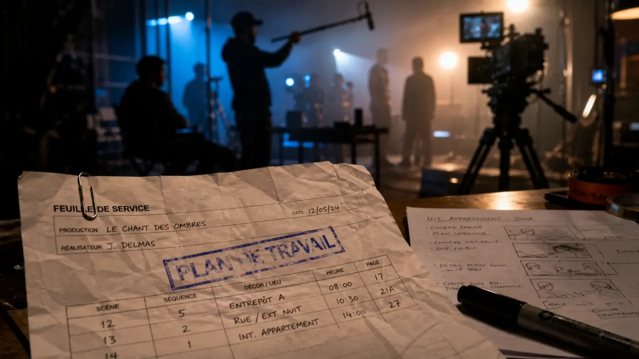 Feuille de service sur plateau de tournage film, plan de travail annoté