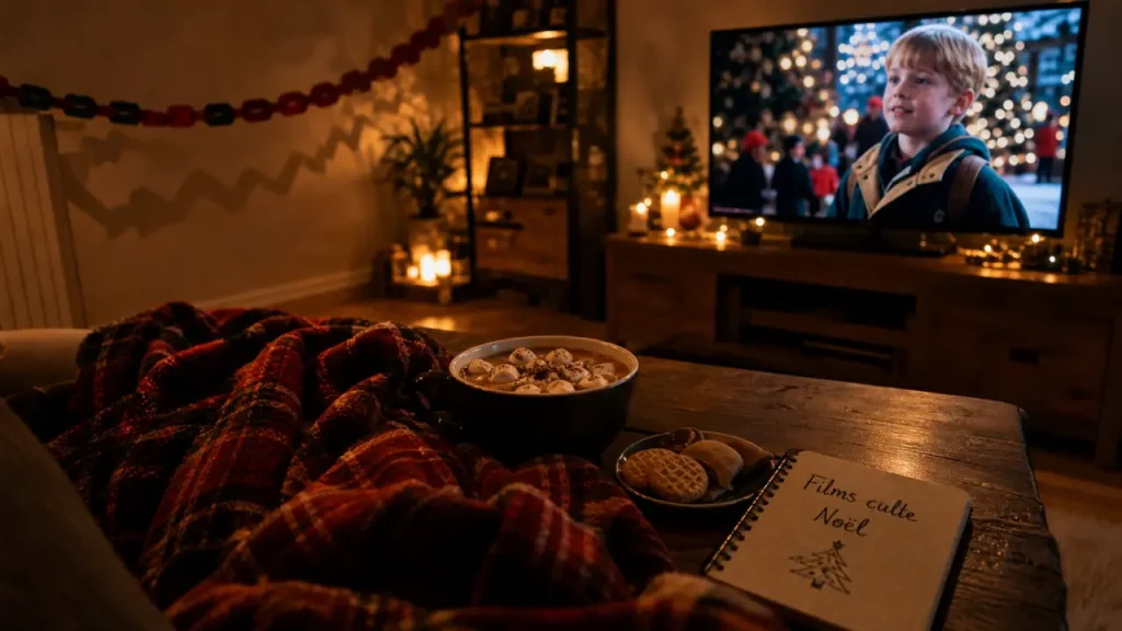 Film culte de noel dans un salon cosy, chocolat chaud et biscuits