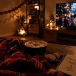 Film culte de noel dans un salon cosy, chocolat chaud et biscuits