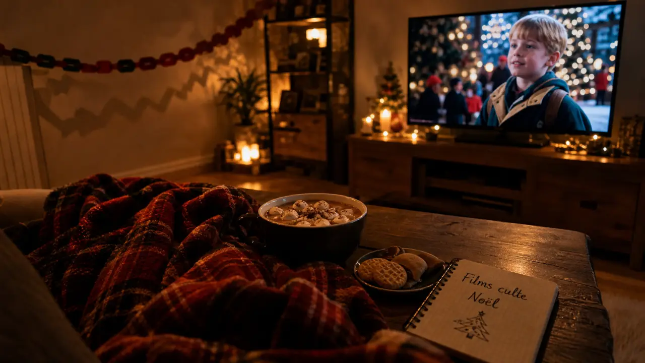 Film culte de noel dans un salon cosy, chocolat chaud et biscuits