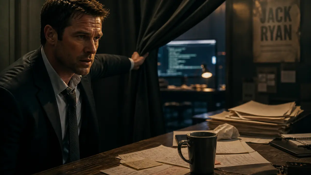 Films et séries TV avec John Krasinski, scène Jack Ryan, bureau et écran code floue