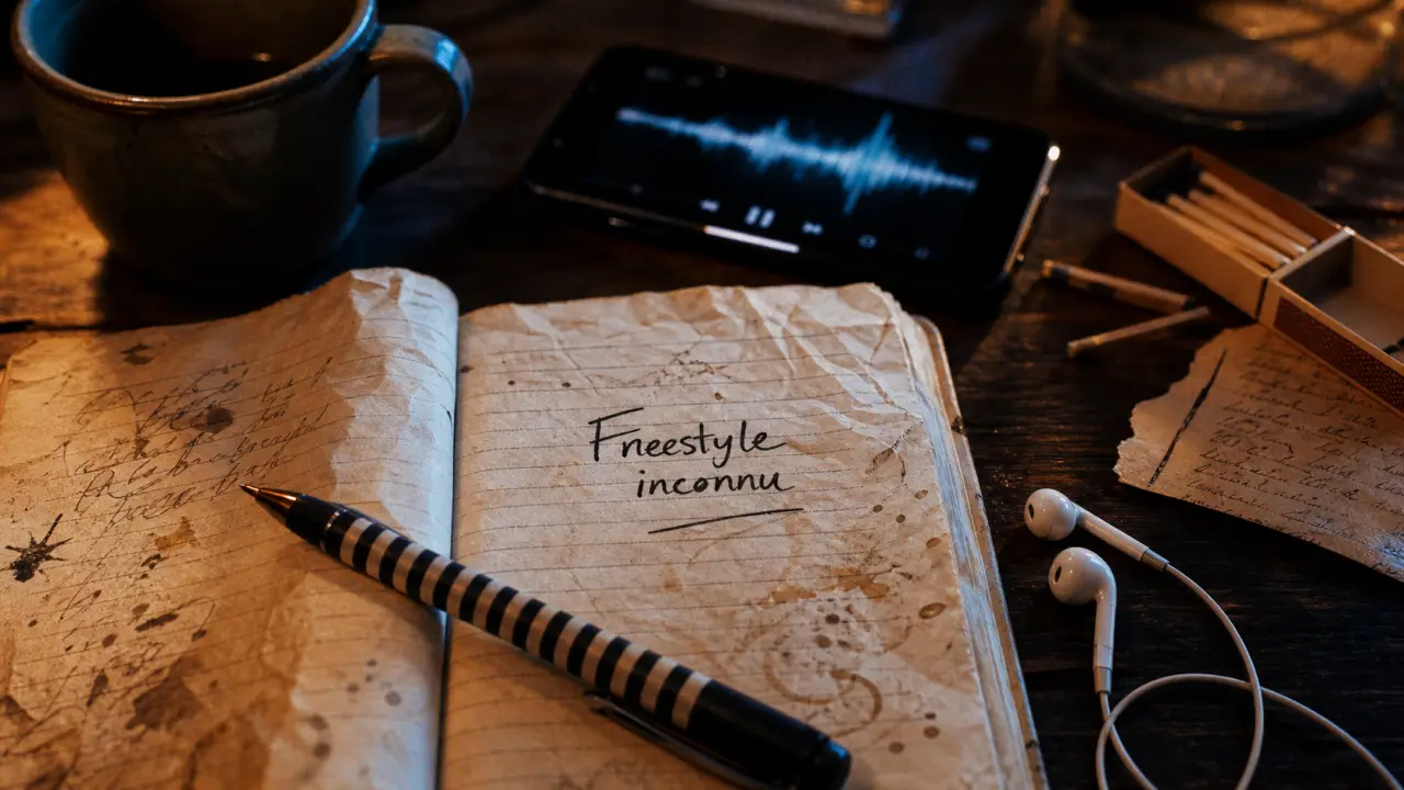 Texte de rap freestyle inconnu : carnet et écouteurs sur table