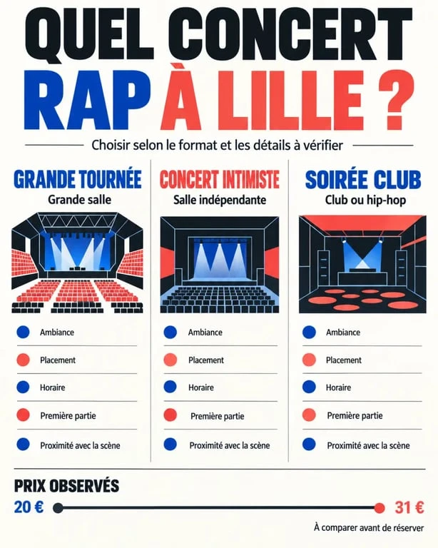 Infographie pour choisir un concert rap à Lille selon la salle, l’ambiance, le placement et le prix