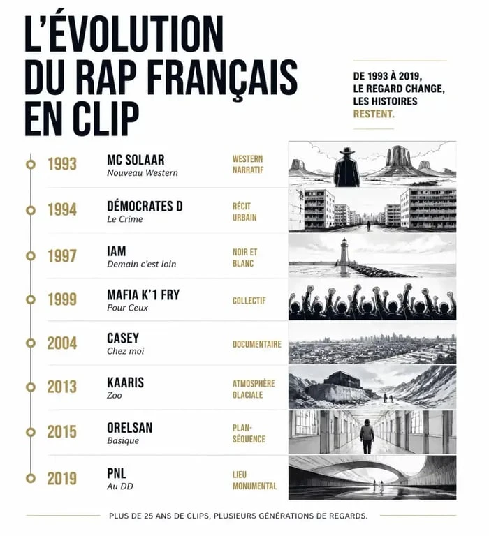 Infographie de l’évolution du rap français en clip de 1993 à 2019