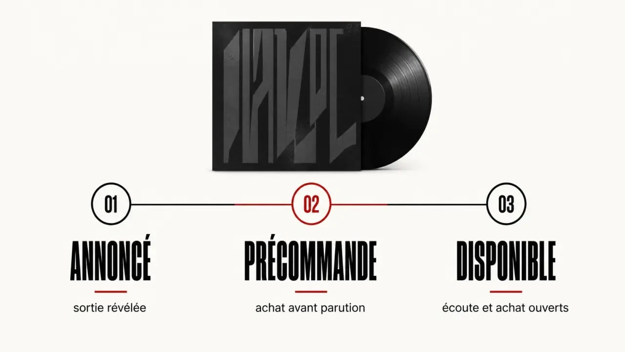 Infographie sur les statuts d'un sorti album rap fr : disponible, annoncé ou en précommande