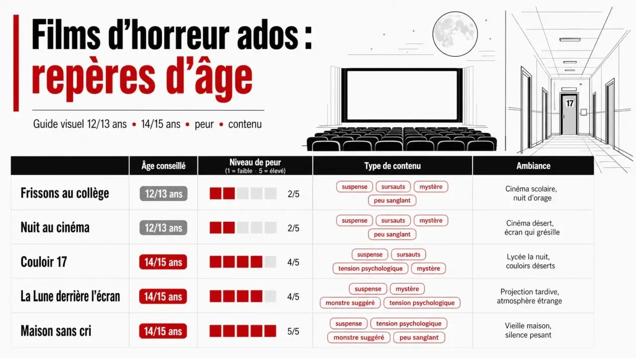 Film horreur ado : tableau visuel comparant l’âge conseillé, l’intensité de peur et le type de contenu