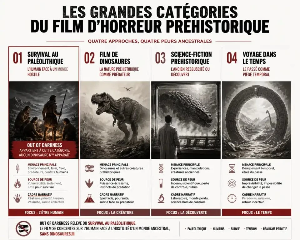 Infographie des catégories du film d’horreur préhistorique : survival à l’âge de pierre, dinosaures, science-fiction et voyage dans le temps