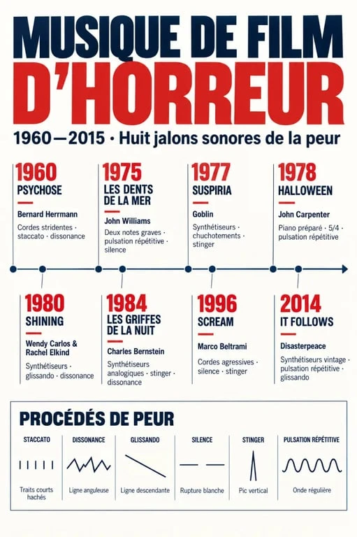 Infographie sur l’évolution de la musique de film d’horreur, des cordes de Psychose aux synthétiseurs d’It Follows