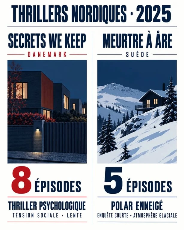 Infographie comparative des séries scandinaves Netflix 2025 Secrets We Keep et Meurtre à Åre