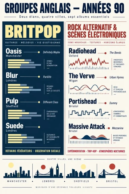 Groupe anglais année 90 : infographie des principaux groupes de britpop, rock alternatif et trip-hop