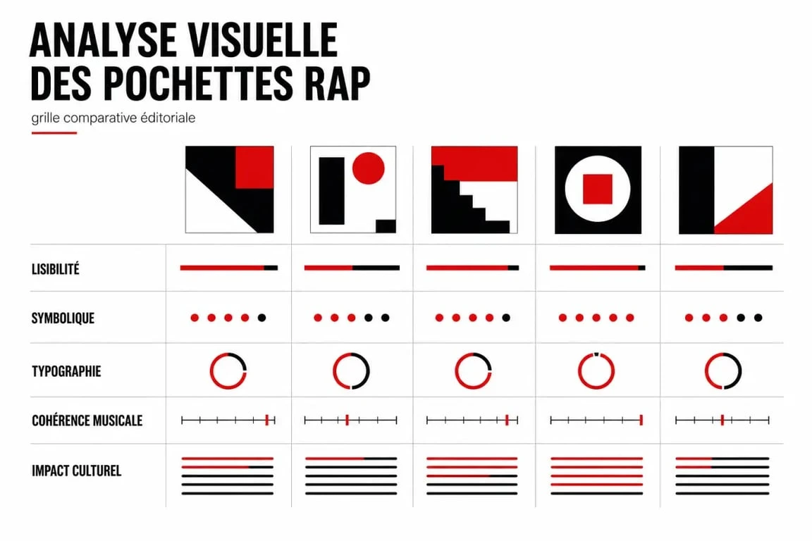 Pochette album rap : grille comparative des critères de lisibilité, symbolique et typographie
