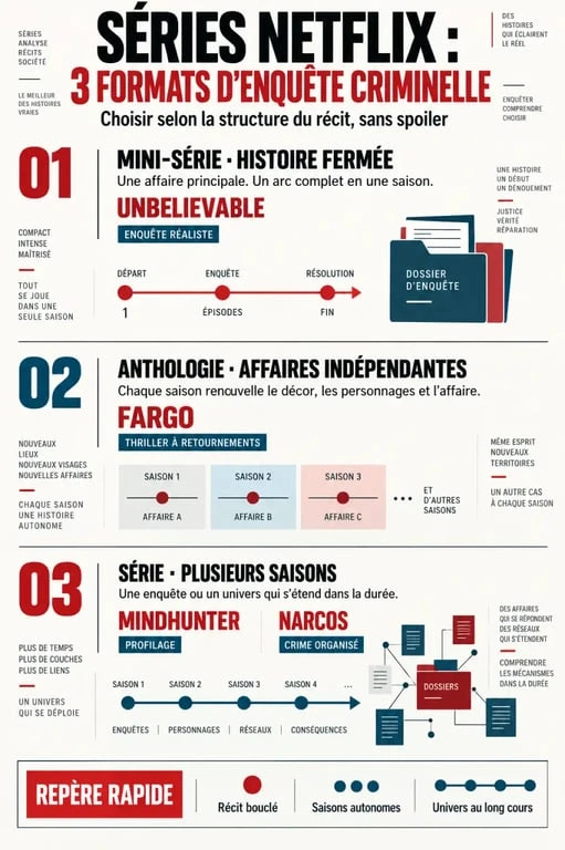 Infographie pour choisir une série Netflix enquête criminelle selon le format et le type d’investigation