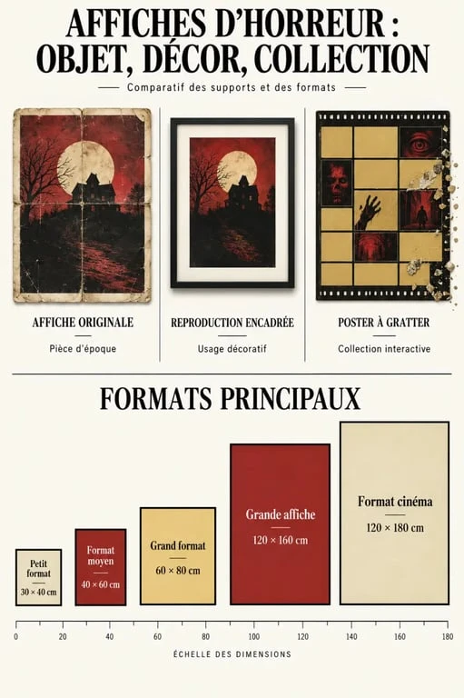 Affiche film d’horreur : comparaison entre affiche originale, reproduction décorative et poster à gratter