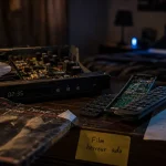 Film horreur ado : DVD, télécommande et suspense sur écran flou