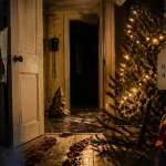Film horreur noel : porte enneigée, sapin brisé, traces de pas et ruban rouge
