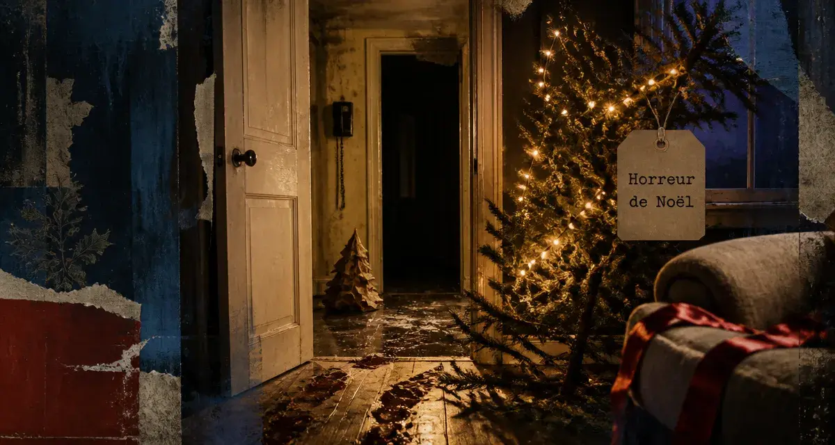 Film horreur noel : porte enneigée, sapin brisé, traces de pas et ruban rouge