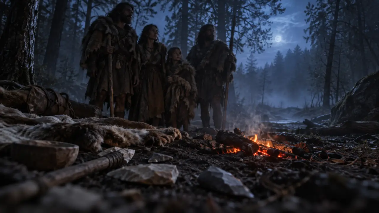 Film horreur prehistorique : silhouettes d’âge de pierre dans la nuit noire