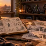 Personnage pop culture sur carnet de storyboards, vignettes et silhouettes