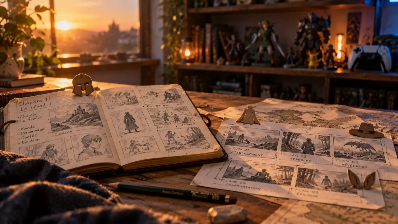 Personnage pop culture sur carnet de storyboards, vignettes et silhouettes