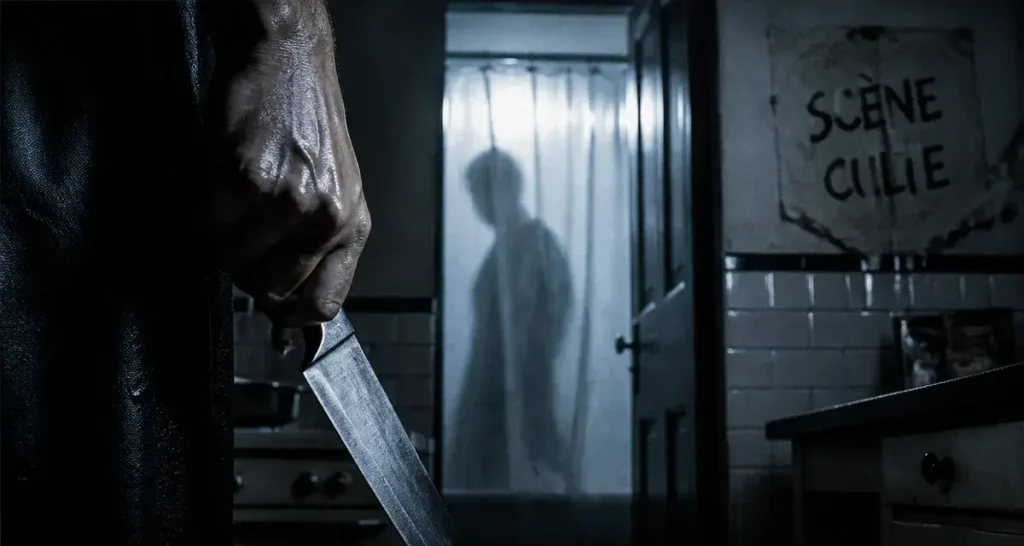Scene culte film : lame et rideau de douche, cuisine sombre