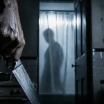 Scene culte film : lame et rideau de douche, cuisine sombre